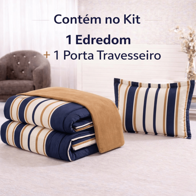 Edredom Solteiro Dupla Face Percal 100% Algodão 200 Fios Listrado Marinho