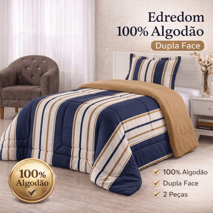 Edredom Solteiro Dupla Face Percal 100% Algodão 200 Fios Listrado Marinho