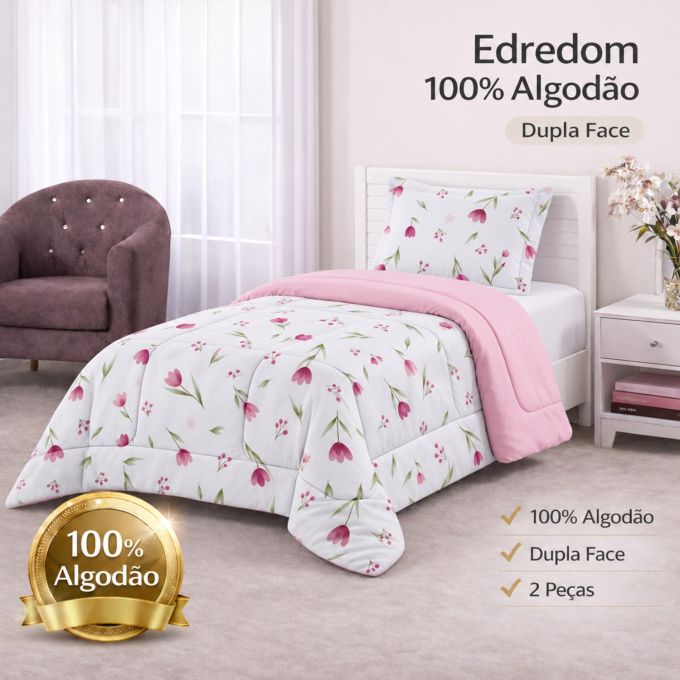 Edredom Solteiro Dupla Face Percal 100% Algodão 200 Fios Tulipa