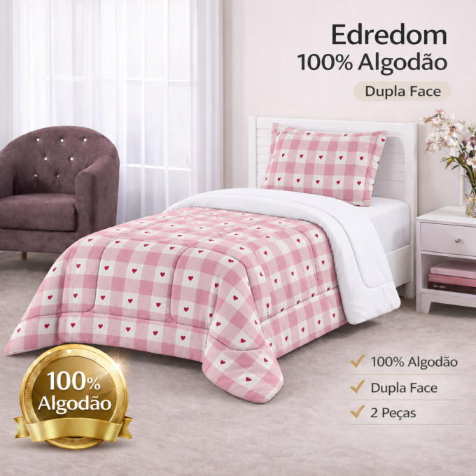 Edredom Solteiro Dupla Face Percal 100% Algodão 200 Fios Xadrez Rosa