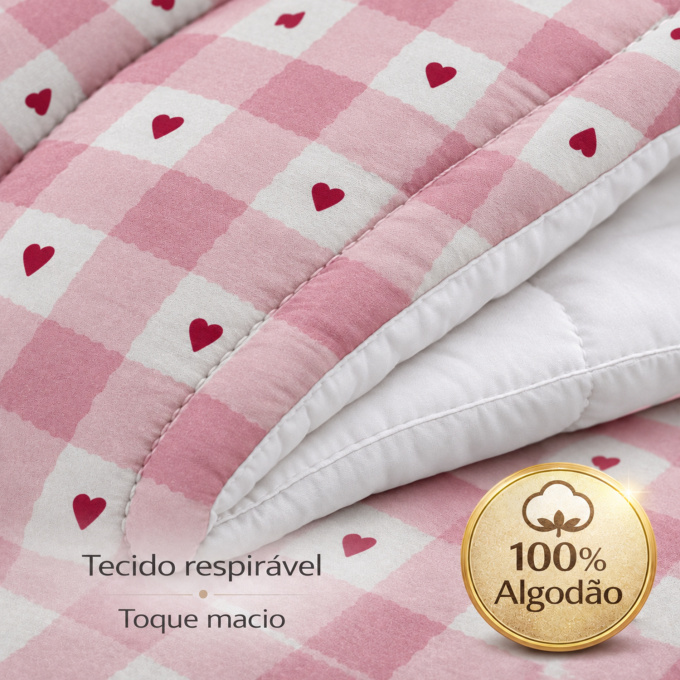 Edredom Solteiro Dupla Face Percal 100% Algodão 200 Fios Xadrez Rosa