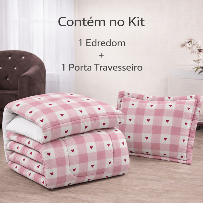 Edredom Solteiro Dupla Face Percal 100% Algodão 200 Fios Xadrez Rosa