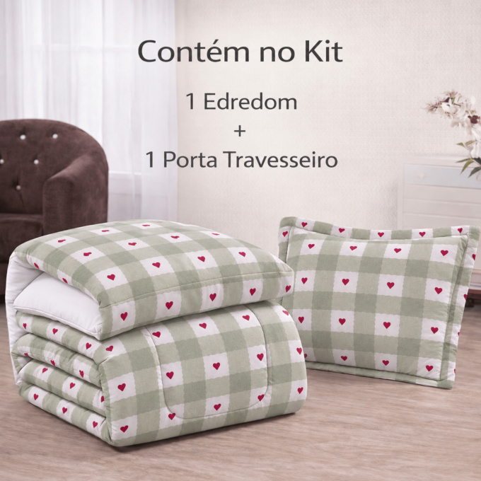 Edredom Solteiro Dupla Face Percal 100% Algodão 200 Fios Xadrez Verde
