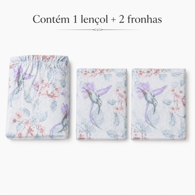 Jogo de Lençol Estampado 100% Algodão Percal 400 Fios Casal Beija Flor