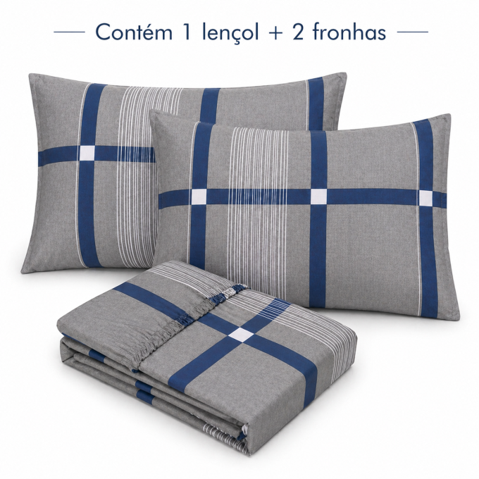 Jogo de Lençol Estampado 100% Algodão Percal 400 Fios Queen Grid Marinho