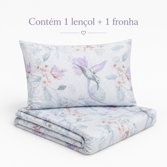 Jogo de Lençol Estampado 100% Algodão Percal 400 Fios Solteiro Beija Flor