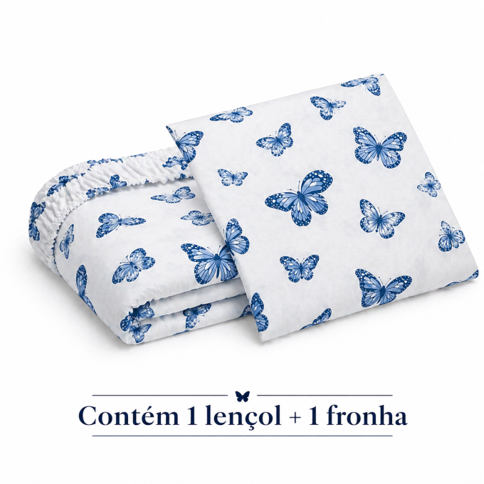 Jogo de Lençol Estampado 100% Algodão Percal 400 Fios Solteiro Borboletas