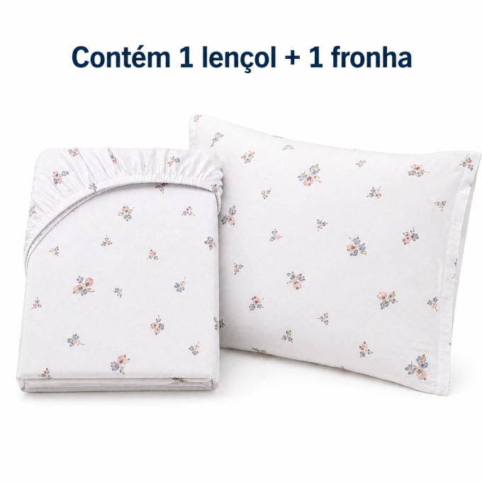 Jogo de Lençol Estampado 100% Algodão Percal 400 Fios Solteiro Florzinha Azul