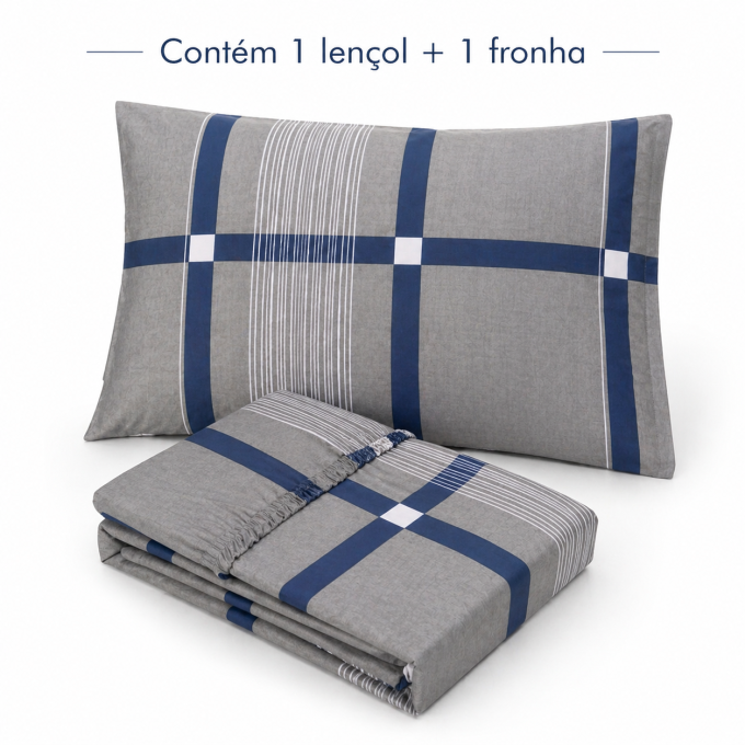 Jogo de Lençol Estampado 100% Algodão Percal 400 Fios Solteiro Grid Marinho