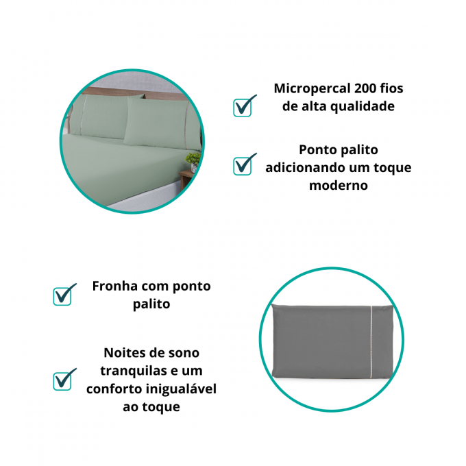 Jogo de Lençol King Micropercal 200 Fios Ponto Palito 3 Peças Cinza