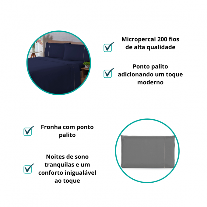 Jogo de Lençol King Micropercal 200 Fios Ponto Palito 4 Peças Azul Marinho