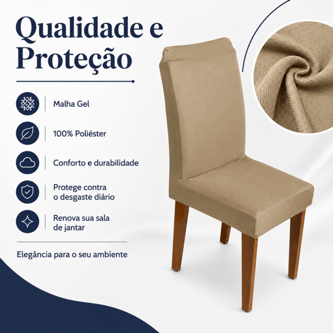 Kit 4 Capas para Cadeira de Jantar com Elástico Malha Gel Diversas Cores Proteção e Design Moderno Bege