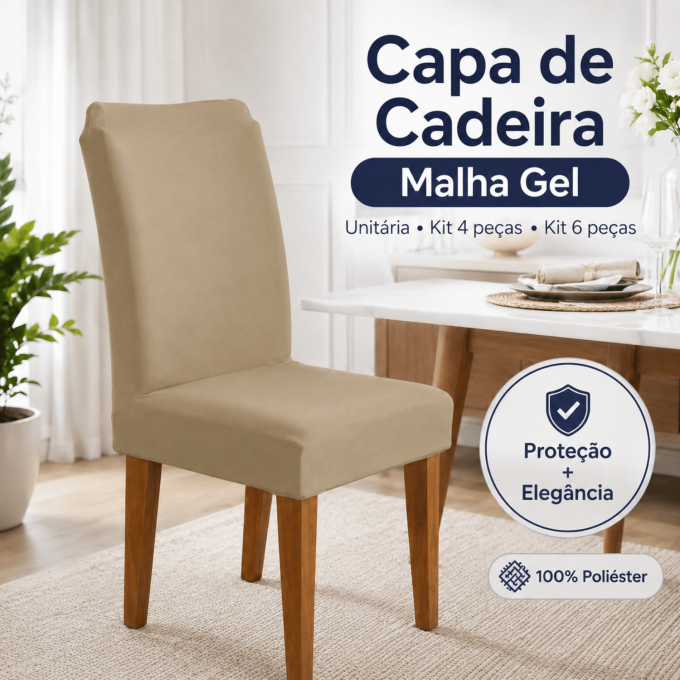Kit 4 Capas para Cadeira de Jantar com Elástico Malha Gel Diversas Cores Proteção e Design Moderno Bege