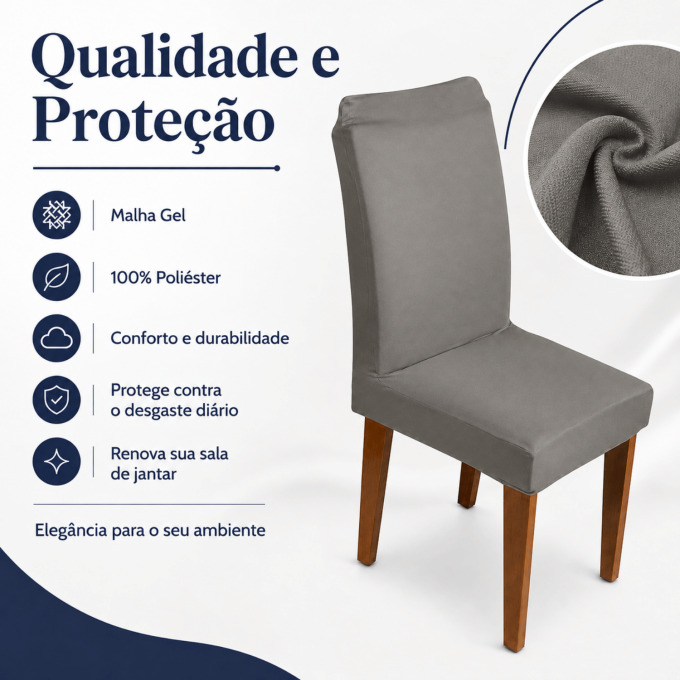 Kit 4 Capas para Cadeira de Jantar com Elástico Malha Gel Diversas Cores Proteção e Design Moderno Cinza