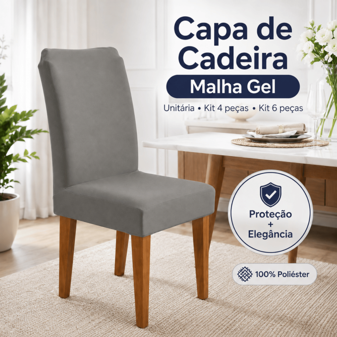 Kit 4 Capas para Cadeira de Jantar com Elástico Malha Gel Diversas Cores Proteção e Design Moderno Cinza