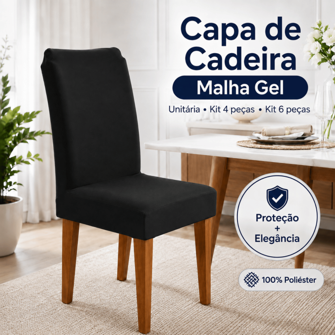 Kit 6 Capas para Cadeira de Jantar com Elástico Malha Gel Diversas Cores Proteção e Design Moderno Preto