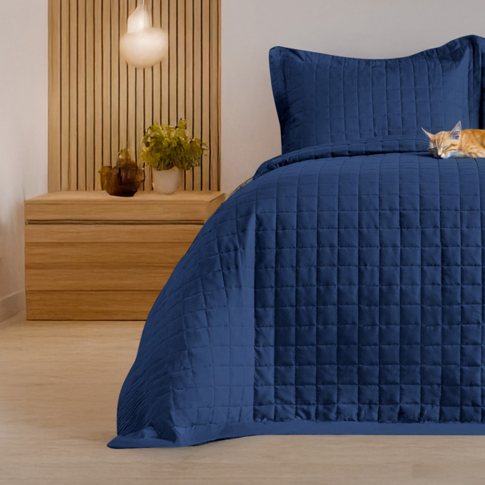 Kit Colcha Cobre Leito Queen 3 Peças Percal 400 Fios Azul Marinho
