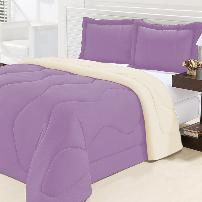 Kit Edredom Queen Dupla Face Malha Gel 3 Peças - Conforto, Estilo e Versatilidade - Lilás com Palha