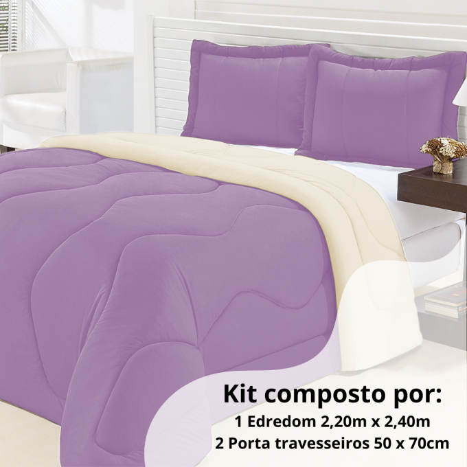 Kit Edredom Queen Dupla Face Malha Gel 3 Peças - Conforto, Estilo e Versatilidade - Lilás com Palha