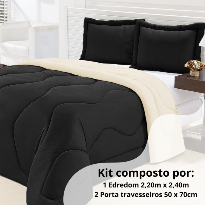 Kit Edredom Queen Dupla Face Malha Gel 3 Peças - Conforto, Estilo e Versatilidade - Preto com Palha