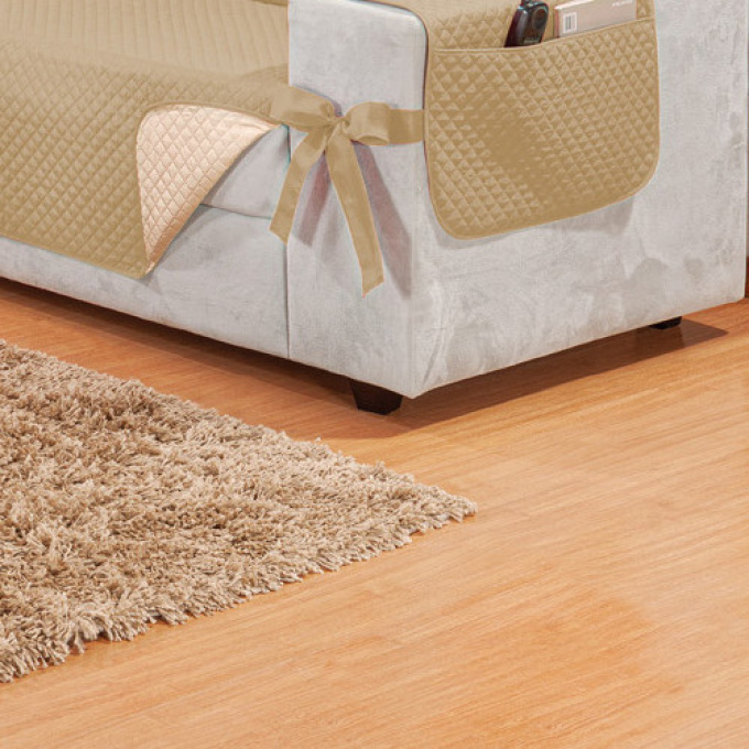 Protetor de Sofá 3 Lugares Elegance Dupla Face com Porta Objetos e Laços Decorativos - Dupla Face e Multifuncional Caqui