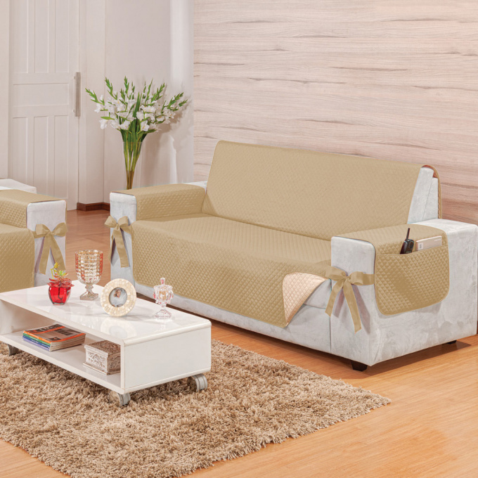 Kit de Protetores de Sofá 3 e 2 Lugares Elegance com Porta Objetos e Laços Decorativos Dupla Face e Multifuncional Caqui