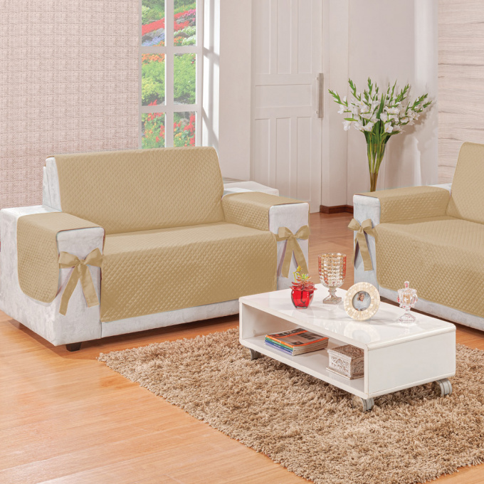 Kit de Protetores de Sofá 3 e 2 Lugares Elegance com Porta Objetos e Laços Decorativos Dupla Face e Multifuncional Caqui