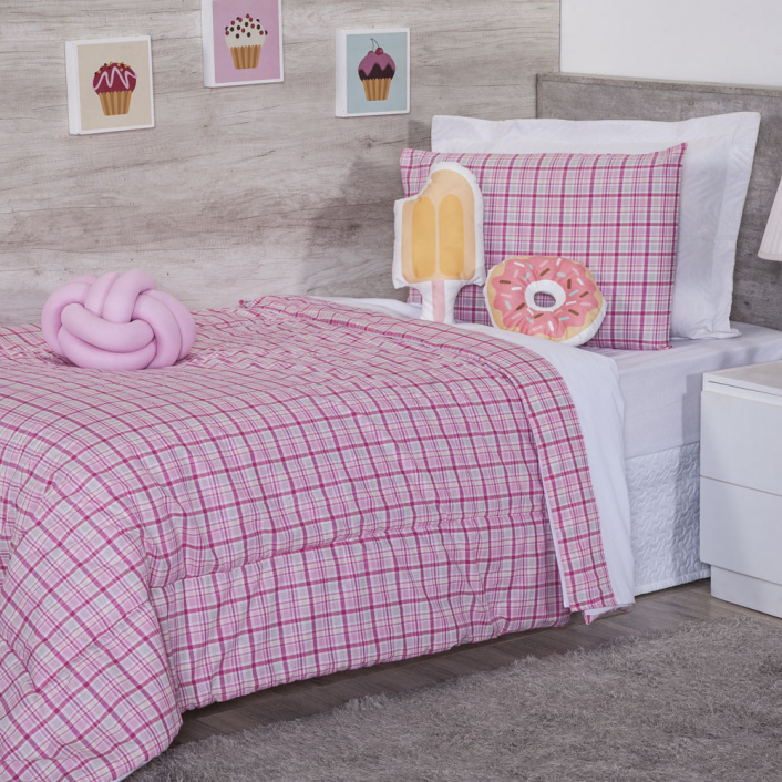 Fronha 50x70cm Percal 200 Fios Percal 100% algodão Avulsa Xadrez Rosa - Constantini Baby
