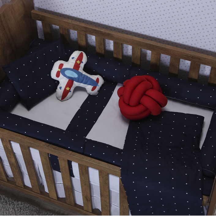 Jogo de lençol 3 Peças Percal 150 Fios 100% Algodão berço americano Poá Marinho - Constantini Baby