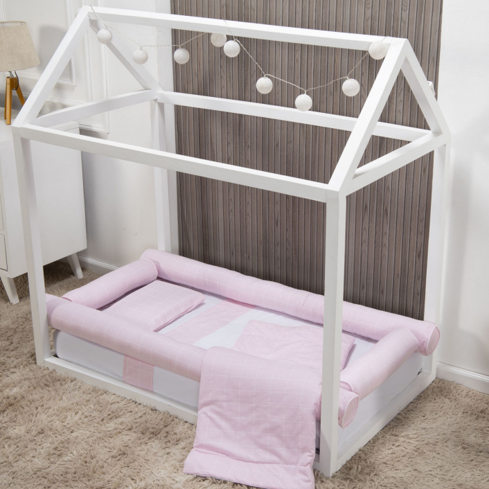 Jogo de lençol Montessoriano Mini Cama 3 Peças Percal 150 Fios 100% Algodão Grid Rosa - Constantini Baby