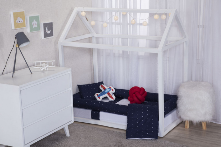 Jogo de lençol Montessoriano Mini Cama 3 Peças Percal 150 Fios 100% Algodão Poá Marinho - Constantini Baby