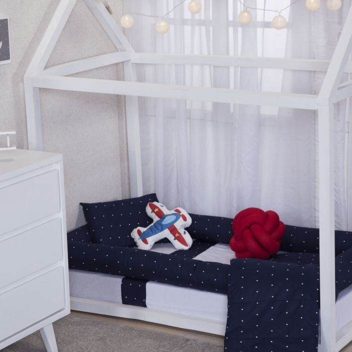 Jogo de lençol Montessoriano Mini Cama 3 Peças Percal 150 Fios 100% Algodão Poá Marinho - Constantini Baby