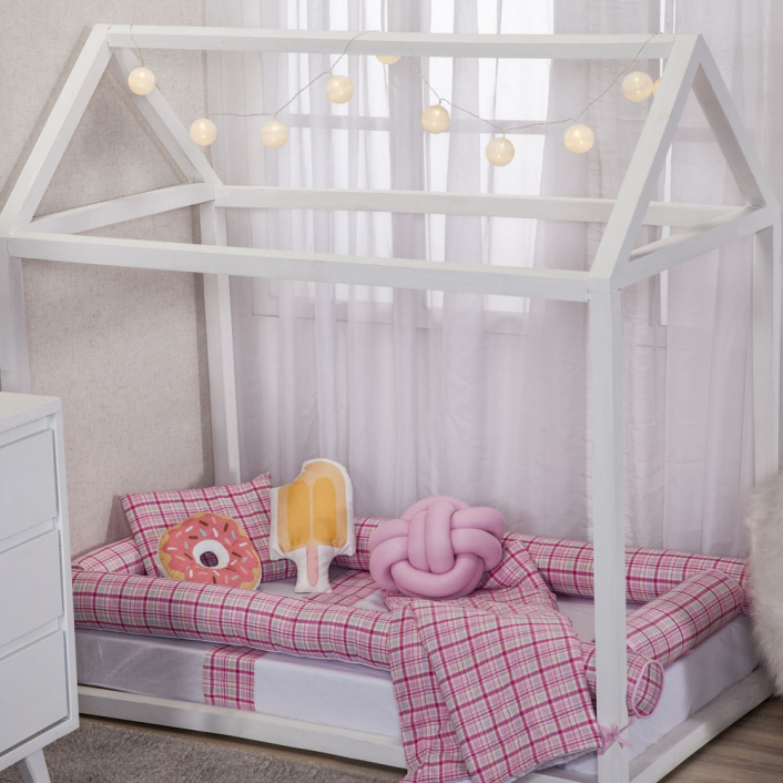 Jogo de lençol Montessoriano Mini Cama 3 Peças Percal 150 Fios 100% Algodão Xadrez Rosa - Constantini Baby