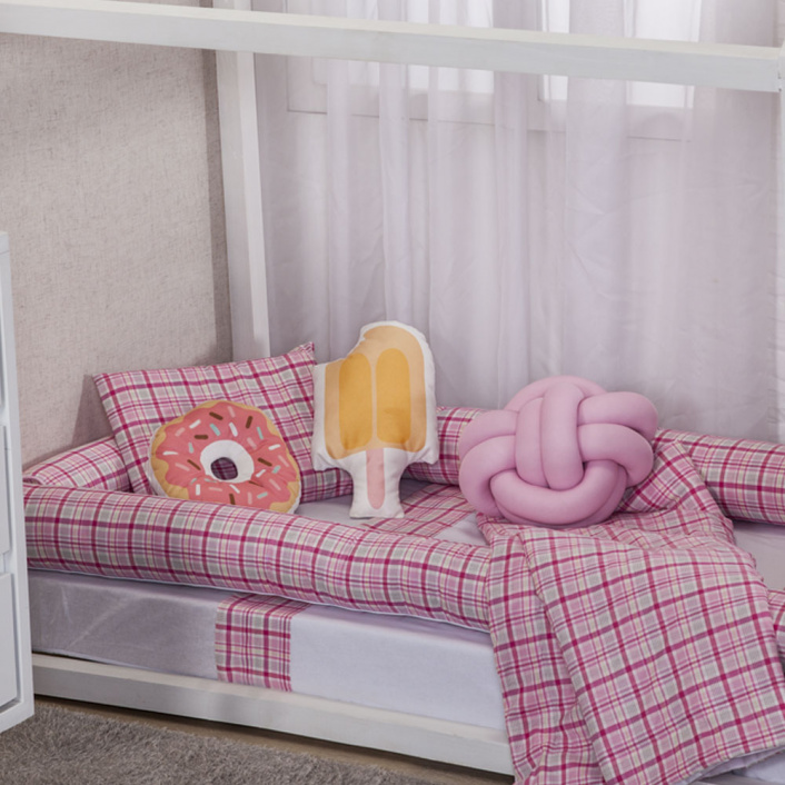 Jogo de lençol Montessoriano Mini Cama 3 Peças Percal 150 Fios 100% Algodão Xadrez Rosa - Constantini Baby