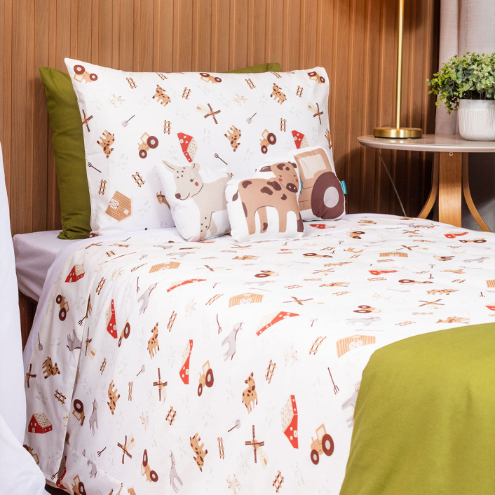 Kit Completo Solteiro (Edredom + Lençol) Percal 100% Algodão Fazendinha - Constantini Baby