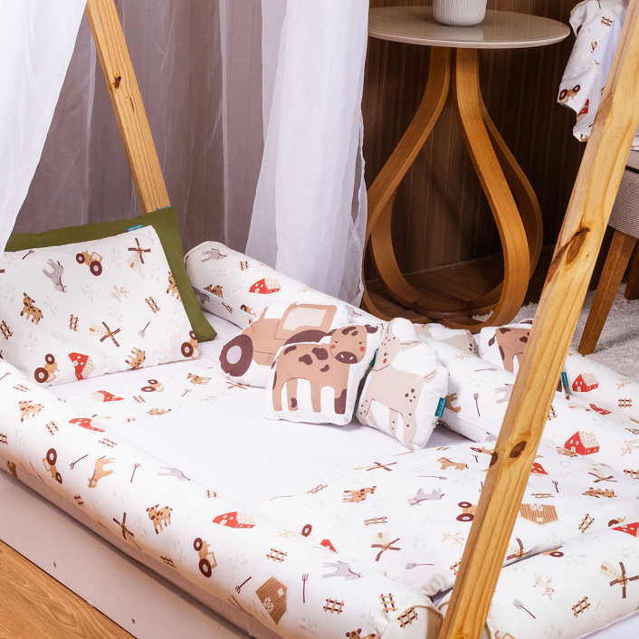 Kit Coordenado 5 Peças(Lençol 3 Peças + Edredom ) para Mini Cama Percal 100% Algodão Fazendinha - Constantini Baby