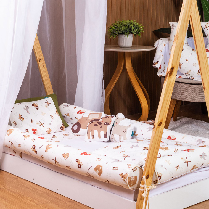 Kit Coordenado 5 Peças(Lençol 3 Peças + Edredom ) para Mini Cama Percal 100% Algodão Fazendinha - Constantini Baby