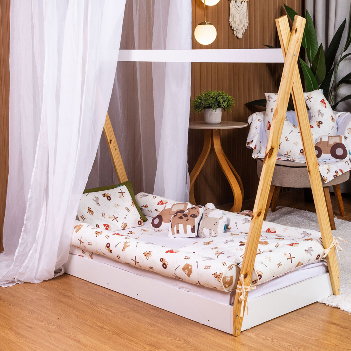Kit Coordenado 5 Peças(Lençol 3 Peças + Edredom ) para Mini Cama Percal 100% Algodão Fazendinha - Constantini Baby