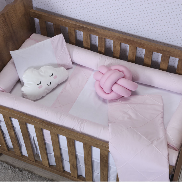 Kit de Capas de Rolinho para Mini Cama 4 Peças Percal 100% Algodão Liso Rosa - Constantini Baby