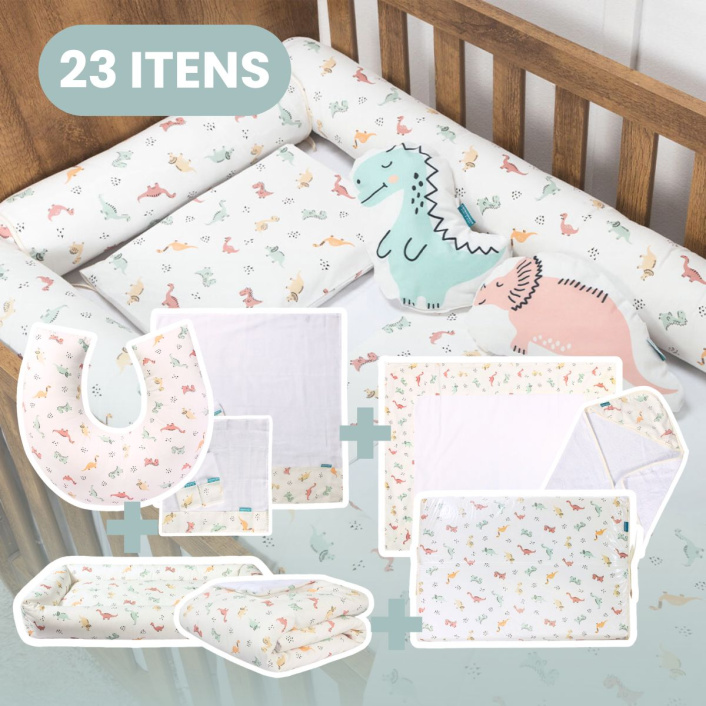 Kit Quarto completo Berço 23 Peças Percal 100% Algodão Dinossauros - Constantini Baby