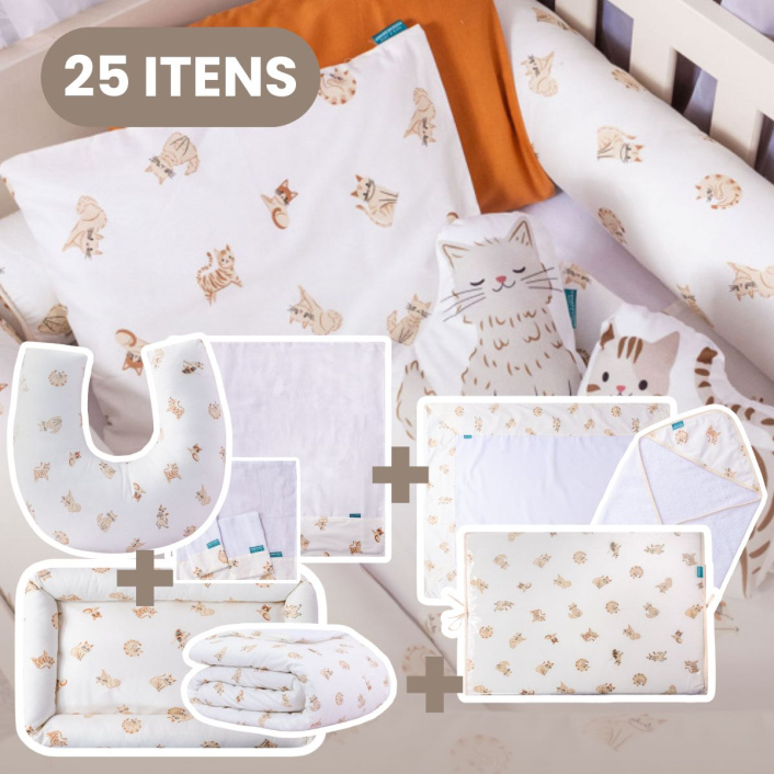 Kit Quarto completo Berço 25 Peças Percal 100% Algodão Minha Gatinha - Constantini Baby