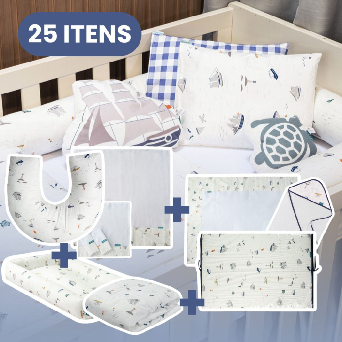 Kit Quarto completo Berço 25 Peças Percal 100% Algodão Pequeno Navegante - Constantini Baby
