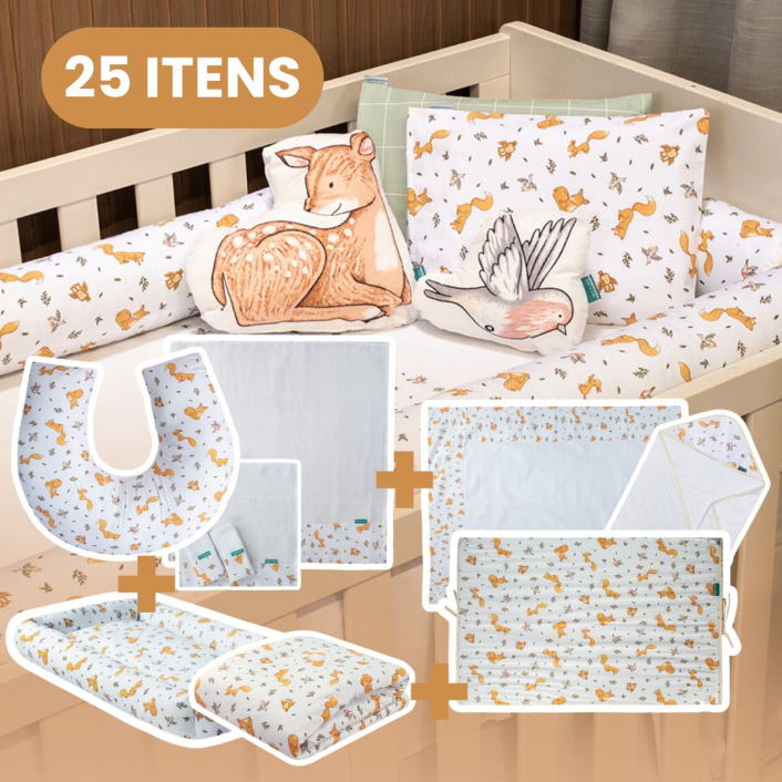 Kit Quarto completo Berço 25 Peças Percal 100% Algodão Raposinha - Constantini Baby