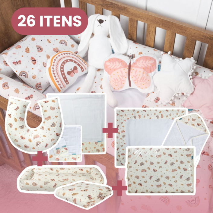 Kit Quarto completo Berço 26 Peças Percal 100% Algodão Hippie Chic - Constantini Baby