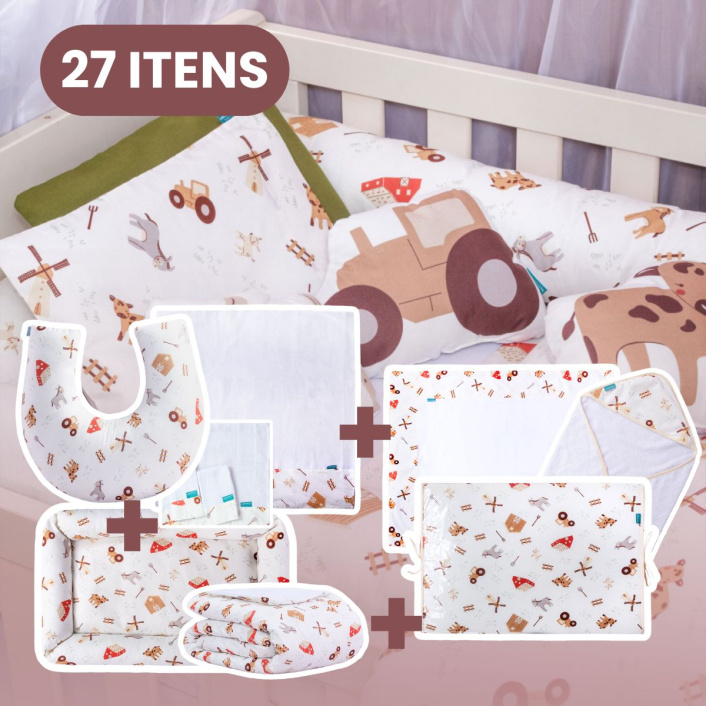 Kit Quarto completo Berço 27 Peças Percal 100% Algodão Fazendinha - Constantini Baby