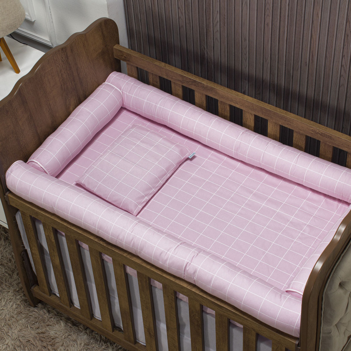 Lençol Avulso com Elástico para Berço Americano 200 Fios 100% Algodão Grid Rosa - Constantini Baby