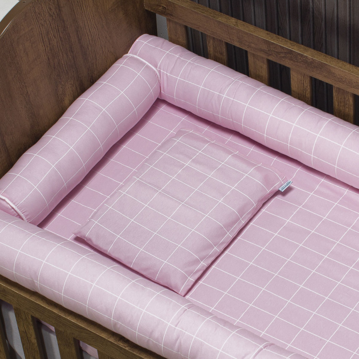 Lençol Avulso com Elástico para Berço Americano 200 Fios 100% Algodão Grid Rosa - Constantini Baby