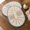 2 Tapetes de Crochê Oval Crú C/Bico Azul Claro - Produto Feito a Mão