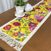 Caminho de Mesa em Tear e Chita com Franja 1.60m Amarelo C/Flores Rosa I