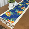 Caminho de Mesa em Tear e Chita com Franja 1.60m Azul Marinho C/Flores Laranja